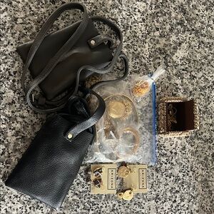 Black and Grey Leather Crossbody Bag with Gold Accessories